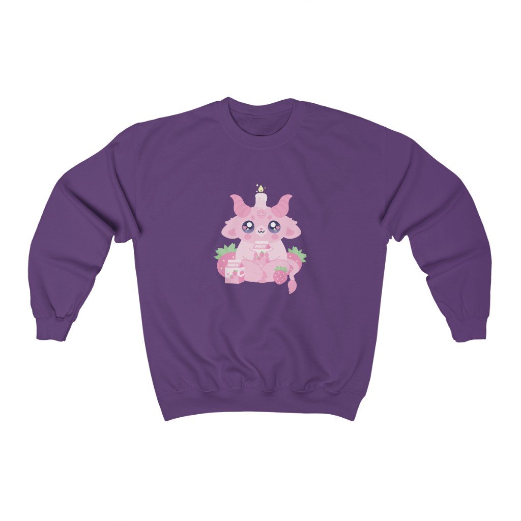 crewneck sweatshirt with a kawaii cute pink goat baphomet demon with a strawberry milk cow theme, strawberries and milk carton