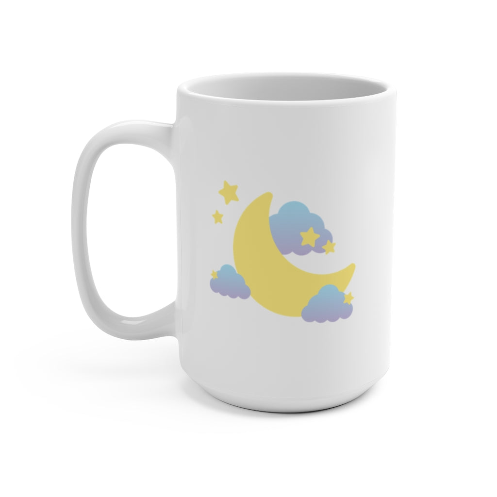 white ceramic coffee mug with a crescent moon in space with clouds and stars