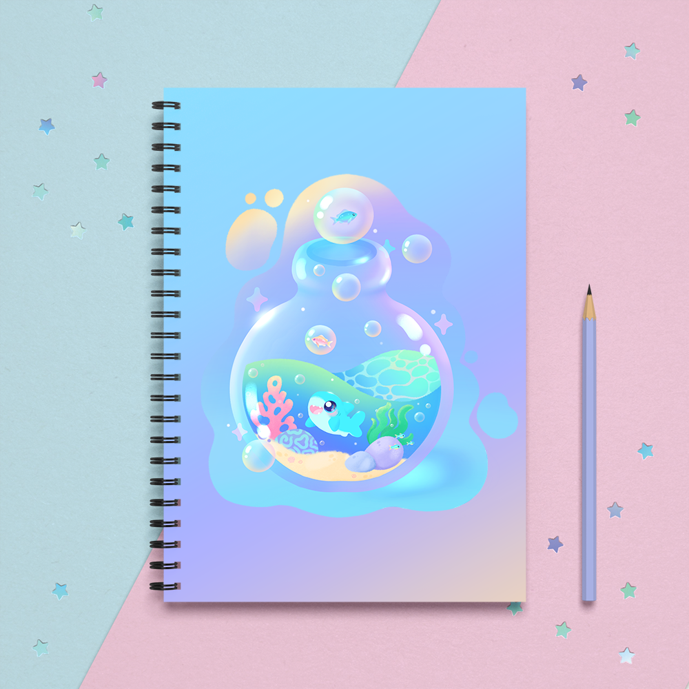 spiral notebook with a kawaii blue shark in a cute bottle with the ocean and bubbles