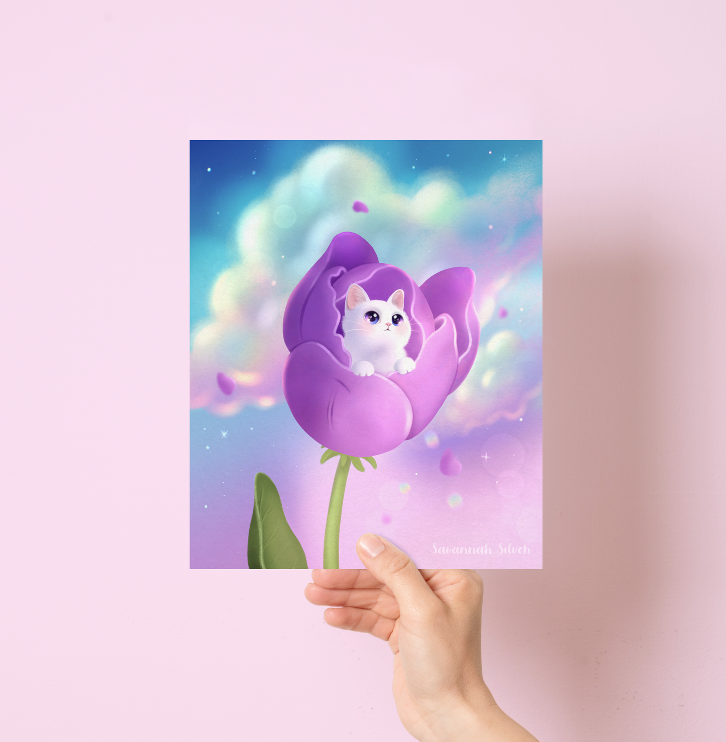 Soft Dreams Tulip Cat Art Print 9" x 11"