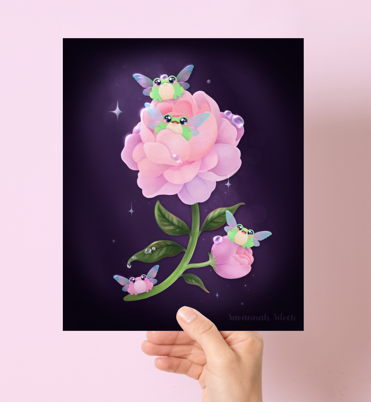 cute illustration art print of kawaii frogs with fairy wings on a peony flower