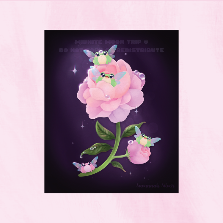 Fairy Frogs on a Peony Flower Art Print 9" x 11"