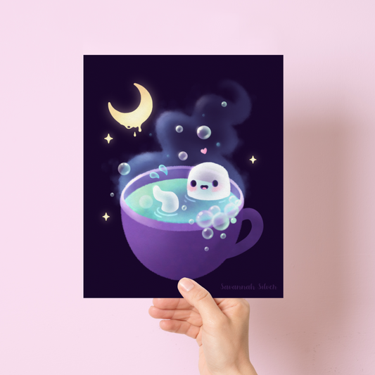 Art print illustration of a cute ghost sitting in a tea cup