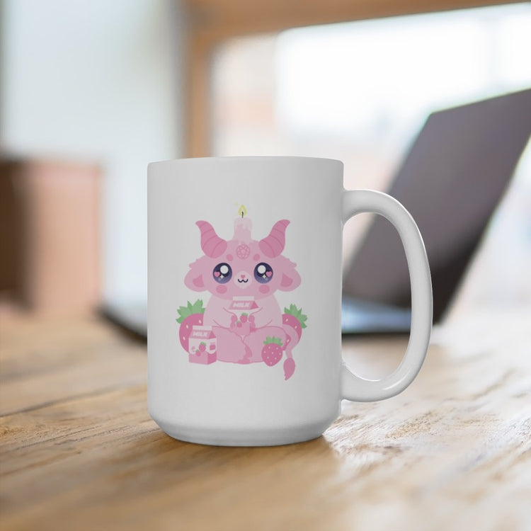 white ceramic mug with a kawaii cute pink goat baphomet demon with a strawberry milk cow theme, strawberries and milk carton