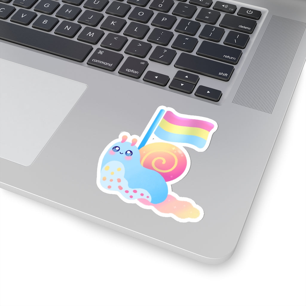 illustrated sticker of A cute kawaii pink, blue, and yellow snail with a LGBTQ Pan Pride Flag.
