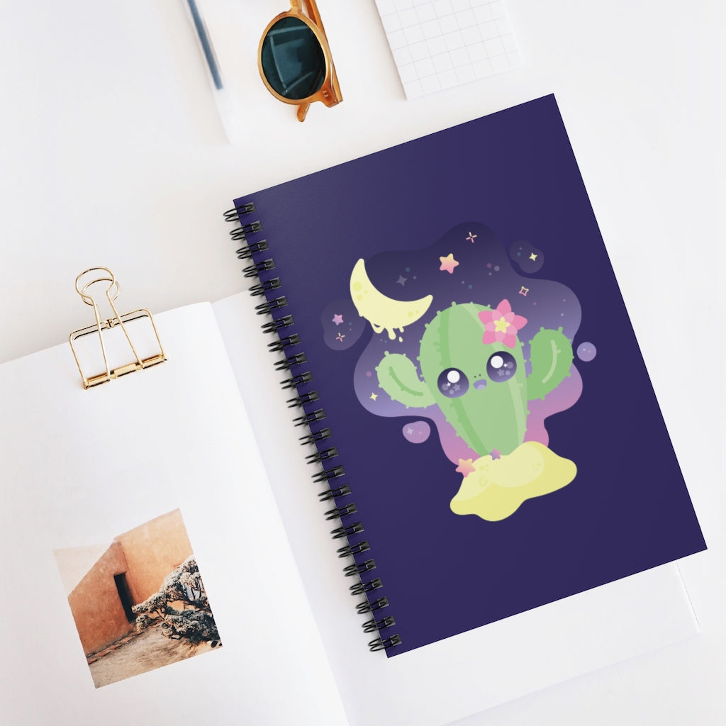 spiral notebook with cute space alien shaped like a cactus with a moon and stars