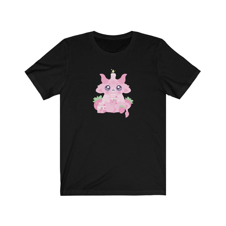 t-shirt with a kawaii cute pink goat baphomet demon with a strawberry milk cow theme, strawberries and milk carton
