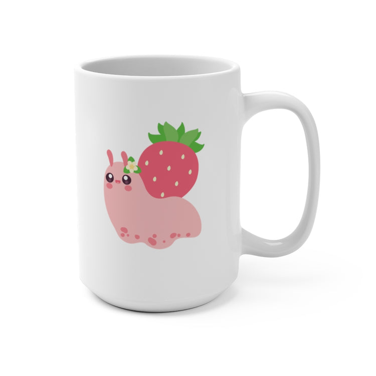 white ceramic mug with a kawaii cute pink snail with  strawberry shell