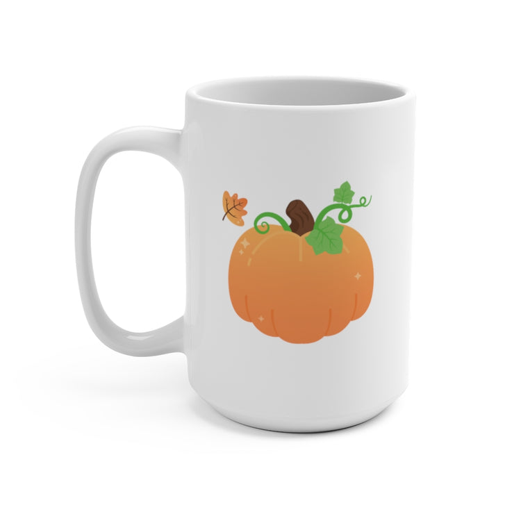 White ceramic mug with A kawaii cute cottagecore orange snail with a pumpkin shell watching an autumn leaf fall