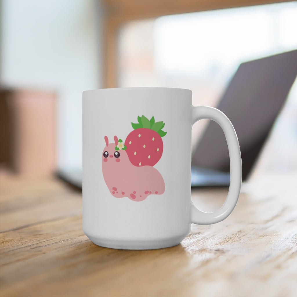 white ceramic mug with a kawaii cute pink snail with a strawberry shell