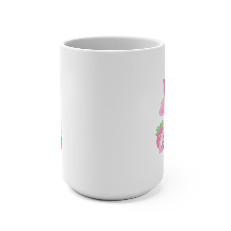 white ceramic mug with a kawaii cute pink goat baphomet demon with a strawberry milk cow theme, strawberries and milk carton