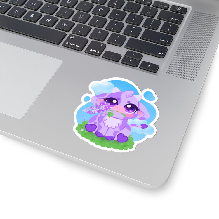 Sticker of a cute pruple cow with a lilac flower