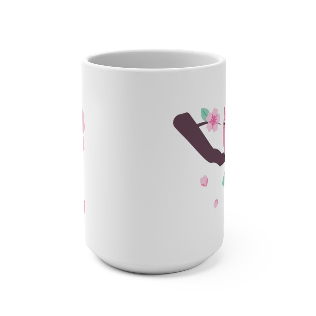 white ceramic mug with a kawaii cute pink snail on a cherry blossom branch with sakura petals