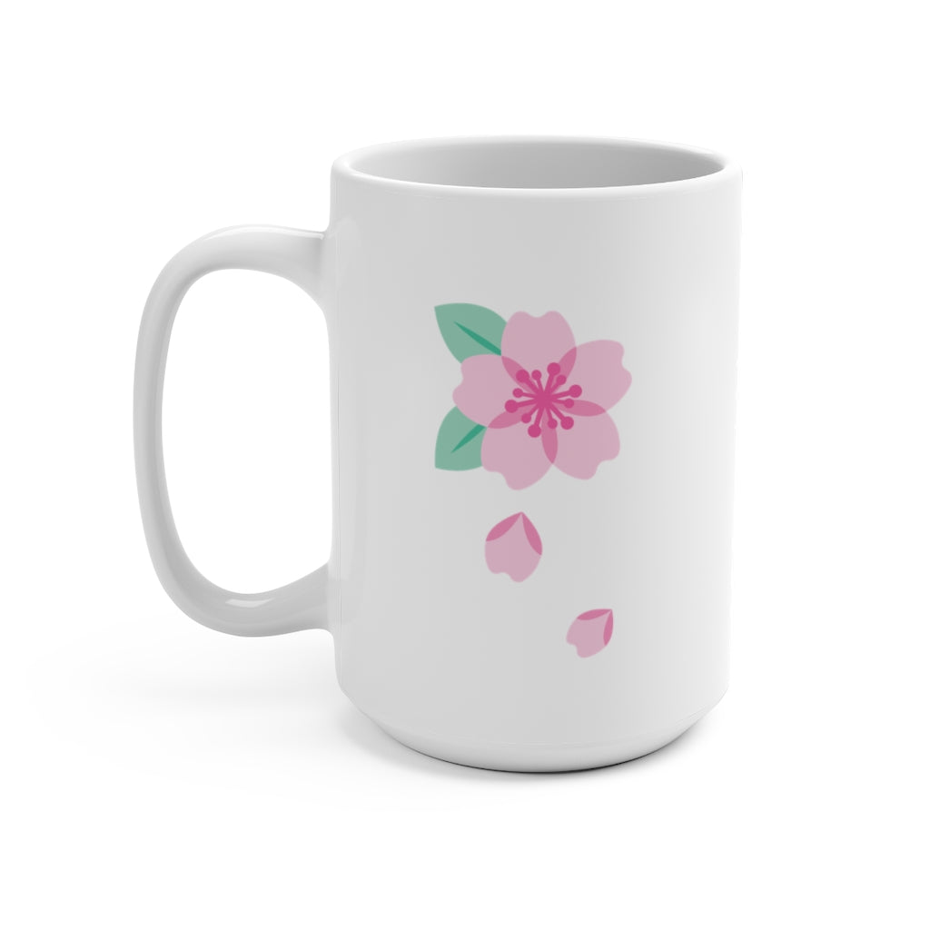 white ceramic mug with a kawaii cute pink cherry blossom with sakura petals