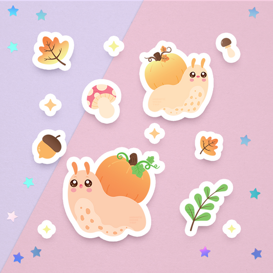 sticker sheet with cottagecore aesthetic pumpkin shell snails, colorful Autumn Leaves, cute acorns, and wholesome mushrooms.