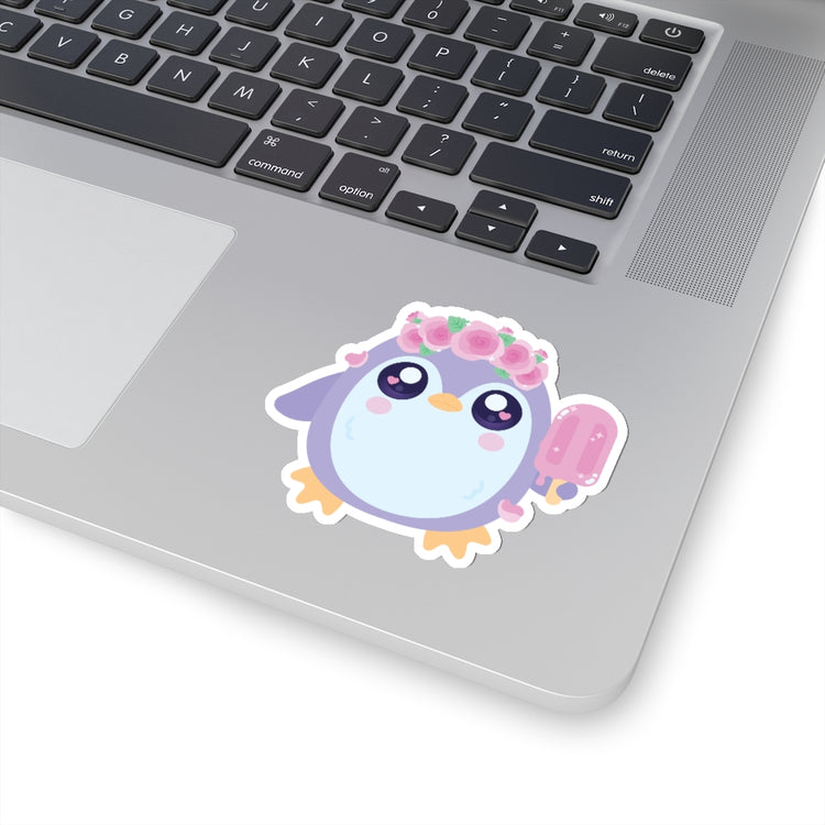 sticker of a kawaii cute purple penguin wearing a romantic rose flower crown and holding a pink popsicle