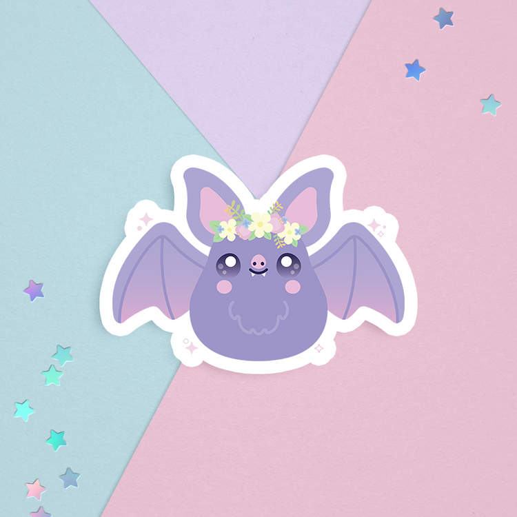 sticker with a cute purple bat with a kawaii flower crown floral arrangement on a pastel background