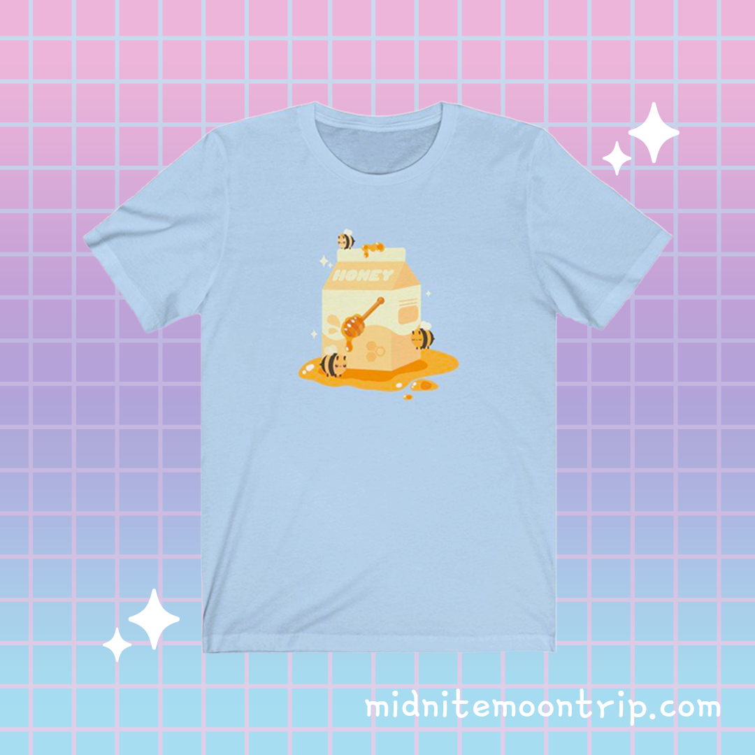 t-shirt with image of a kawaii milk carton full of honey with cute bees on a patel background