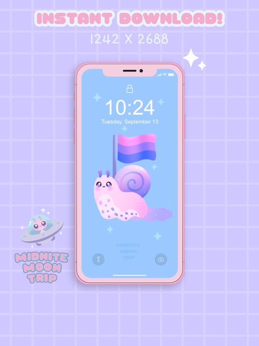 phone background wallpaper with an illustration of a kawaii cute pink purple and blue snail holding a bisexual pride flag displayed on an ihpone