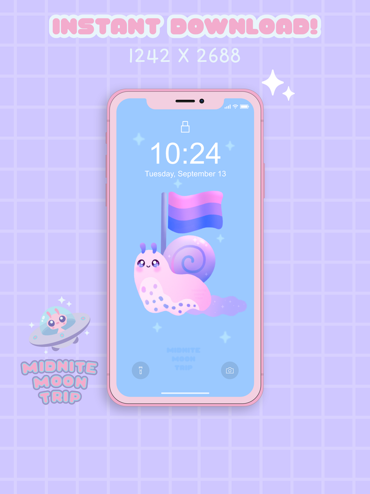 phone background wallpaper with an illustration of a kawaii cute pink purple and blue snail holding a bisexual pride flag displayed on an ihpone