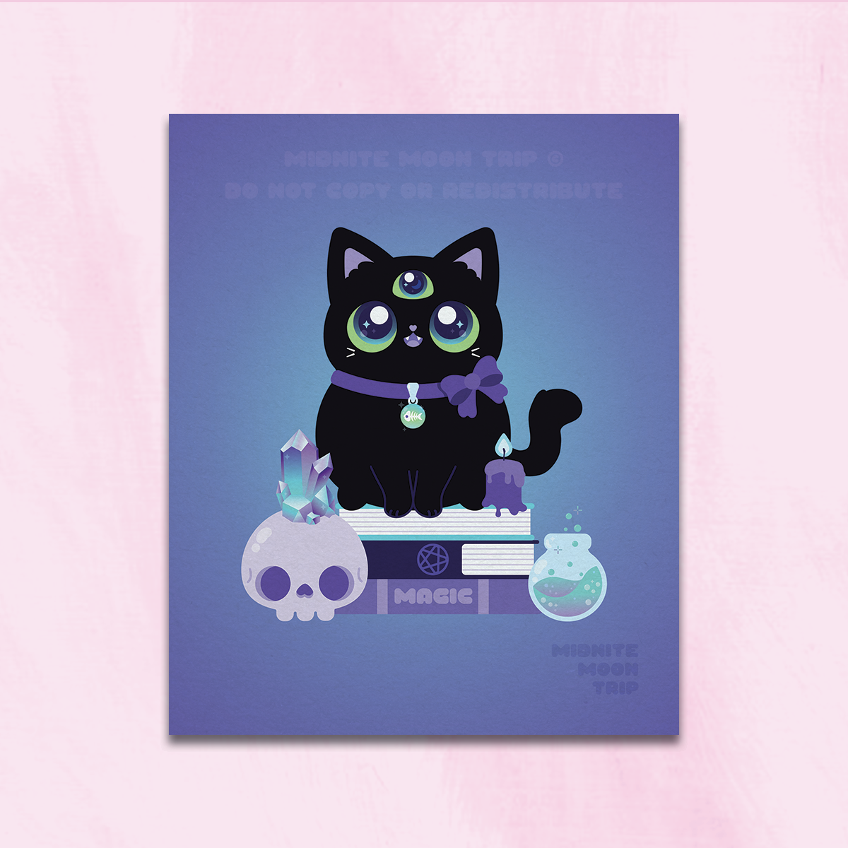 hanging art print of a 3-eyed black cat witch with a spooky crystal skull, a magic potion, and a melting candle sitting on a stack of spellbooks