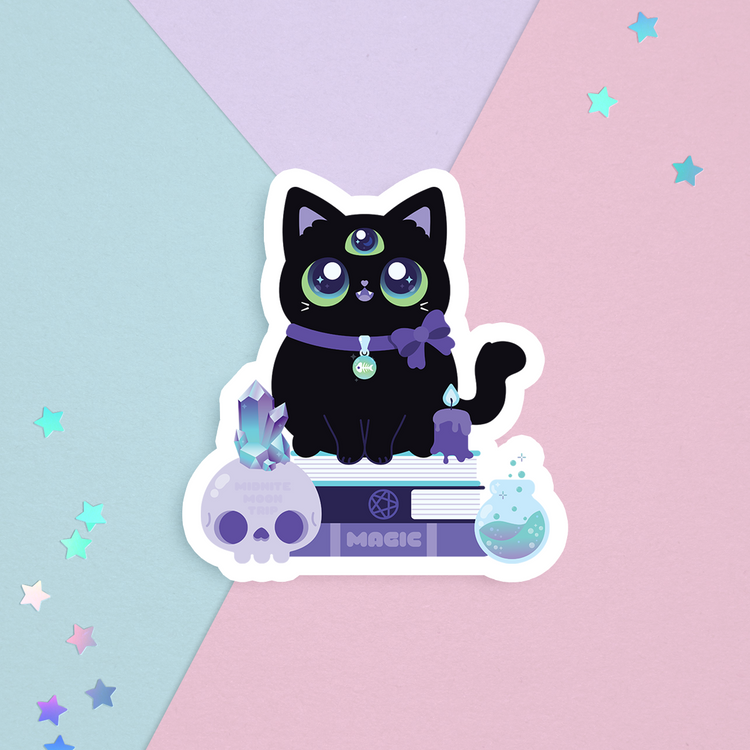 sticker of a 3-eyed black cat witch with a spooky crystal skull, a magic potion, and a melting candle sitting on a stack of spellbooks