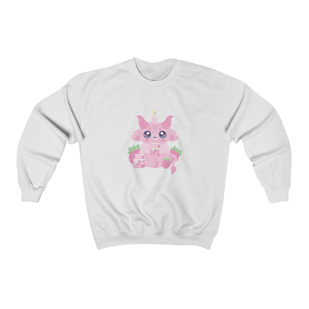 crewneck sweatshirt with a kawaii cute pink goat baphomet demon with a strawberry milk cow theme, strawberries and milk carton