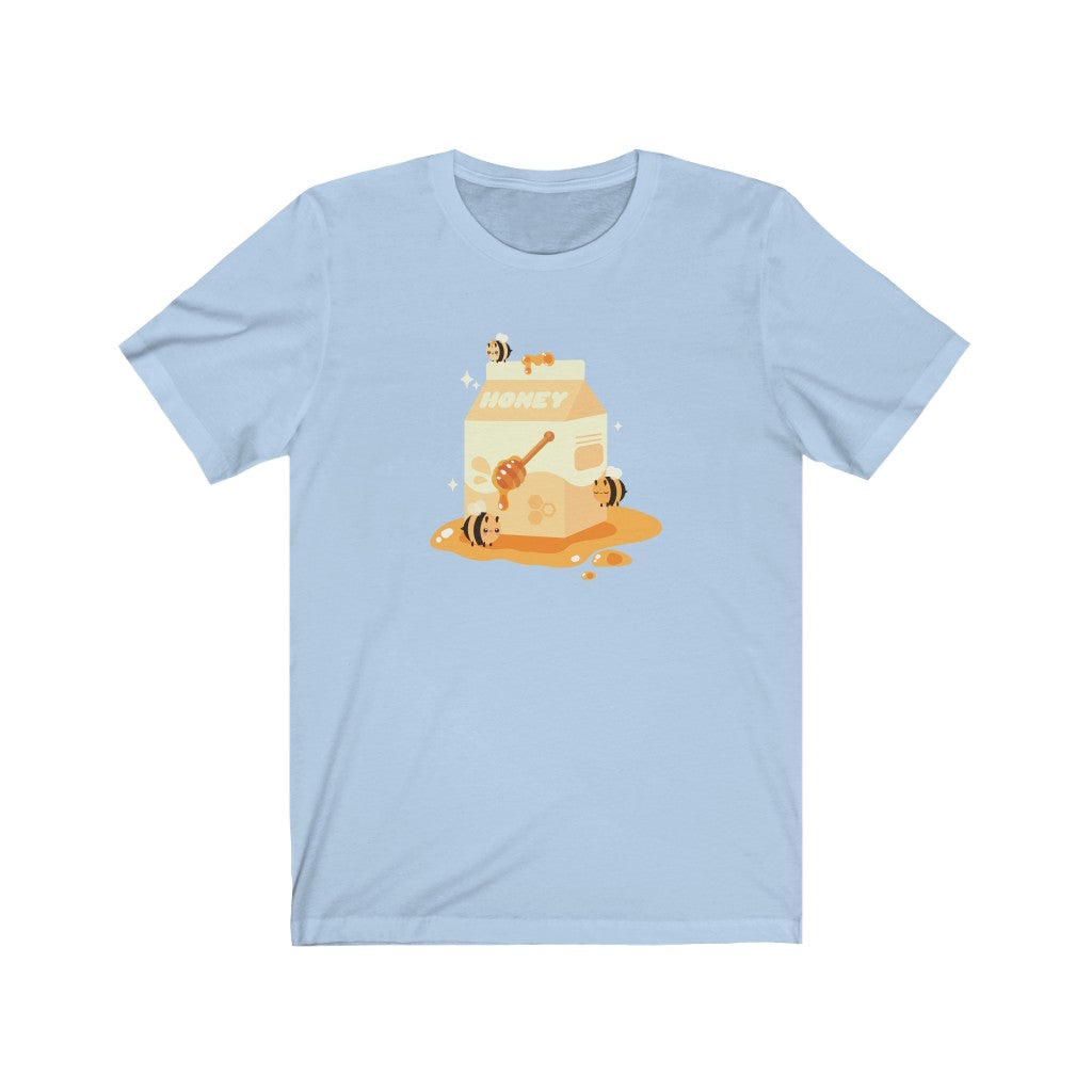 t-shirt with image of a kawaii milk carton full of honey with cute bees 