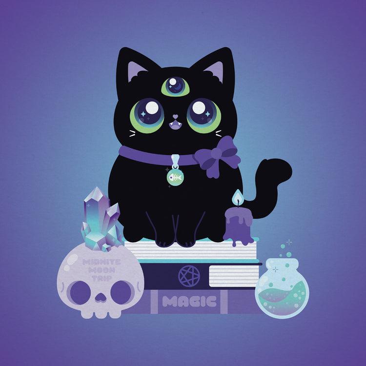  a 3-eyed black cat witch with a spooky crystal skull, a magic potion, and a melting candle sitting on a stack of spellbooks