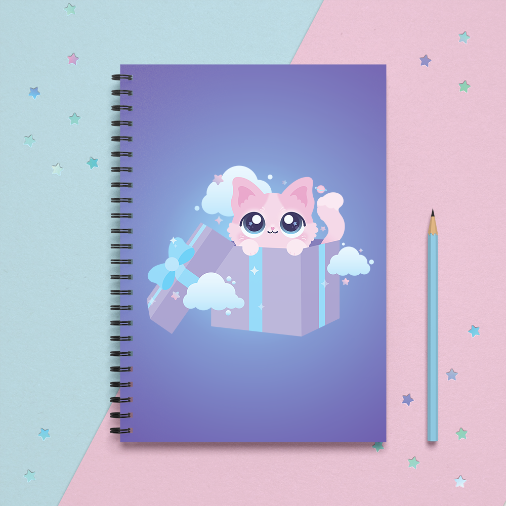 spiral notebook journal with a kawaii cute pink kitty cat in a purple gift box surrounded by small stars and planets