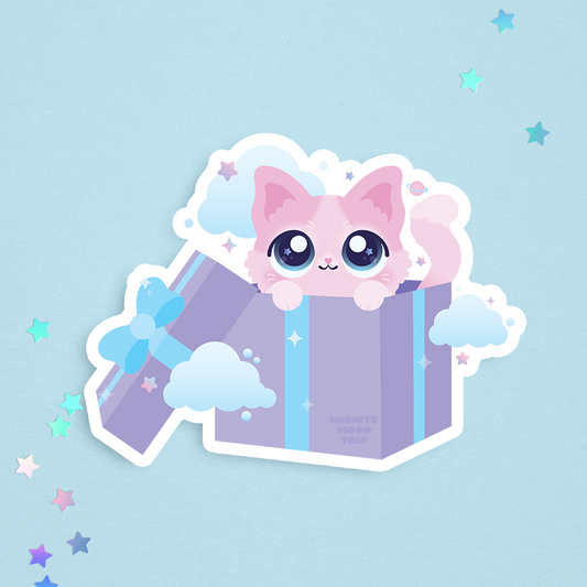 sticker of a kawaii cute pink kitty cat in a purple gift box surrounded by small stars and planets