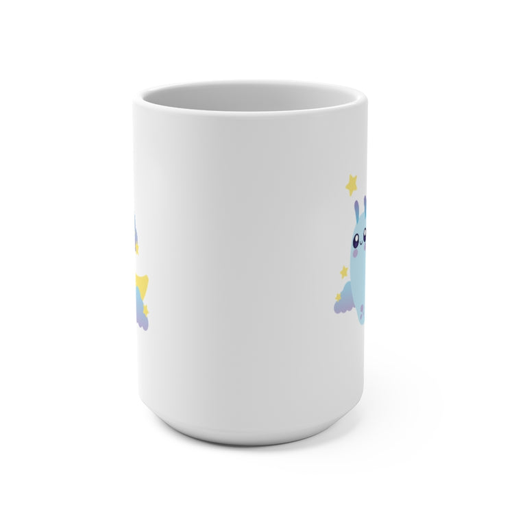 white ceramic coffee mug with a blue purple and yellow snail with a moon shell in space with clouds and stars