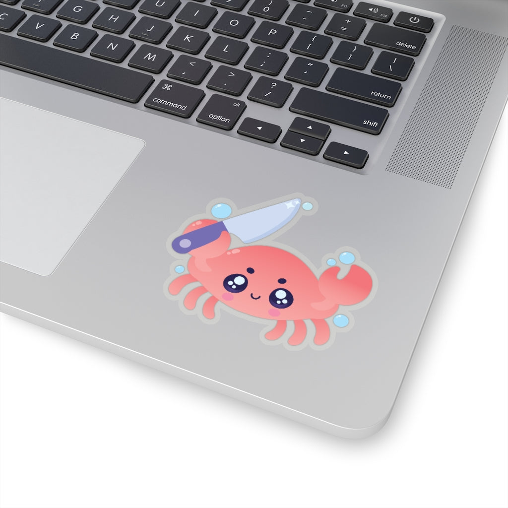 sticker of a cute red crab holding a kitchen knife 