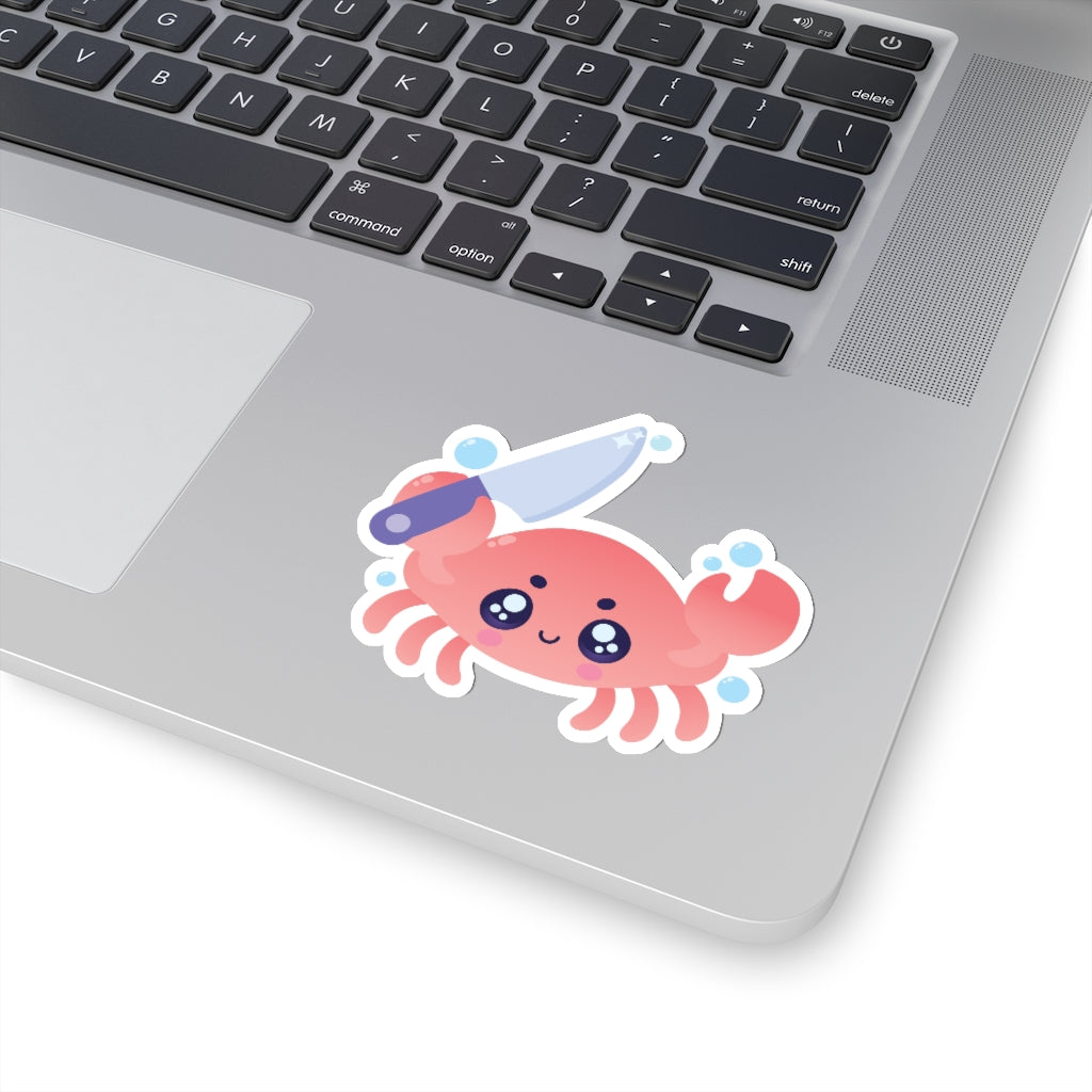 sticker of a cute red crab holding a kitchen knife 