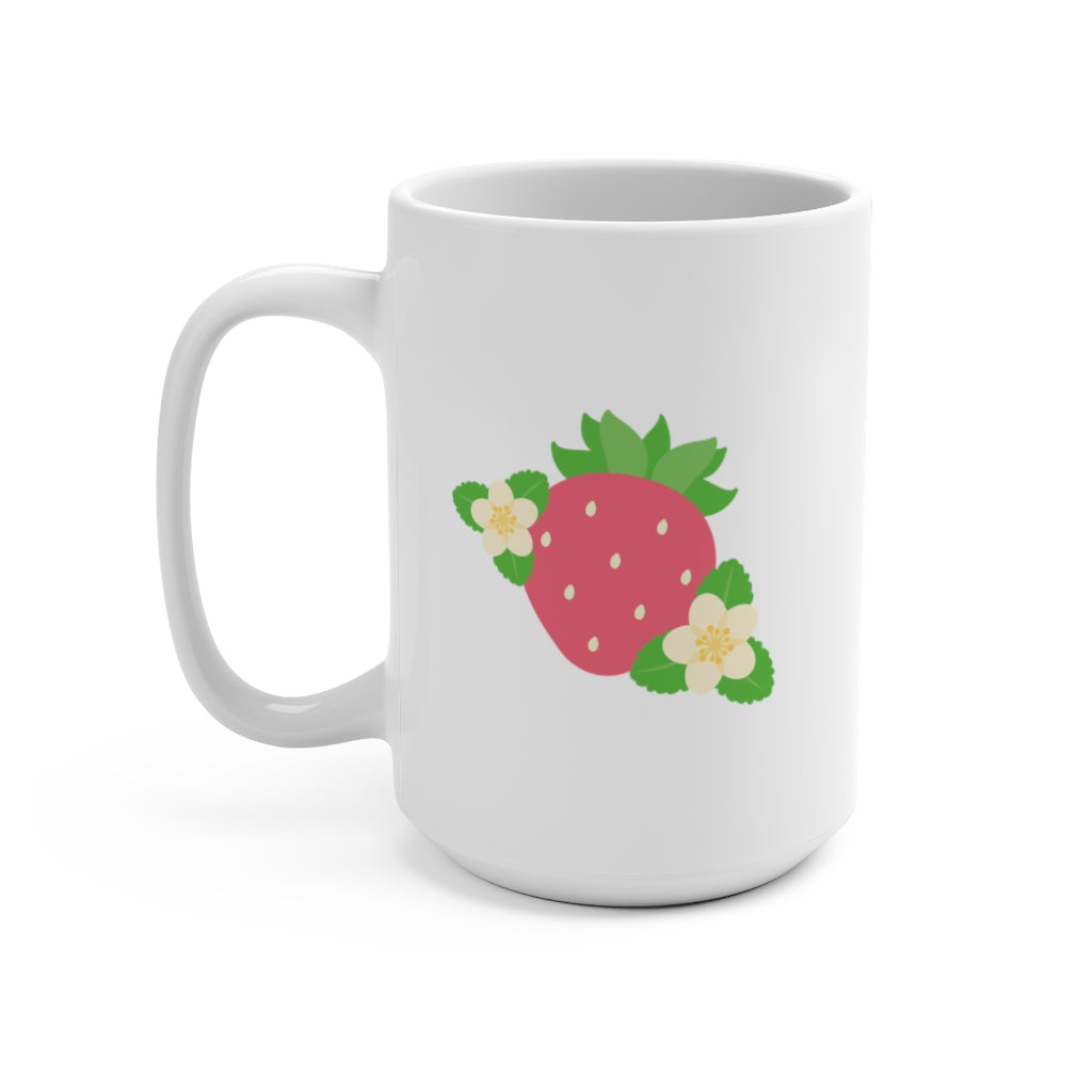 white ceramic mug with a kawaii cute pink strawberry with a flower