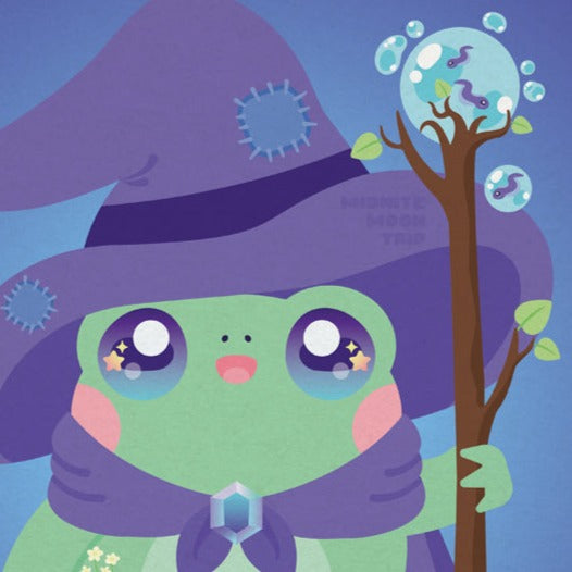 illustration of a cute frog wizard with a hat and staff