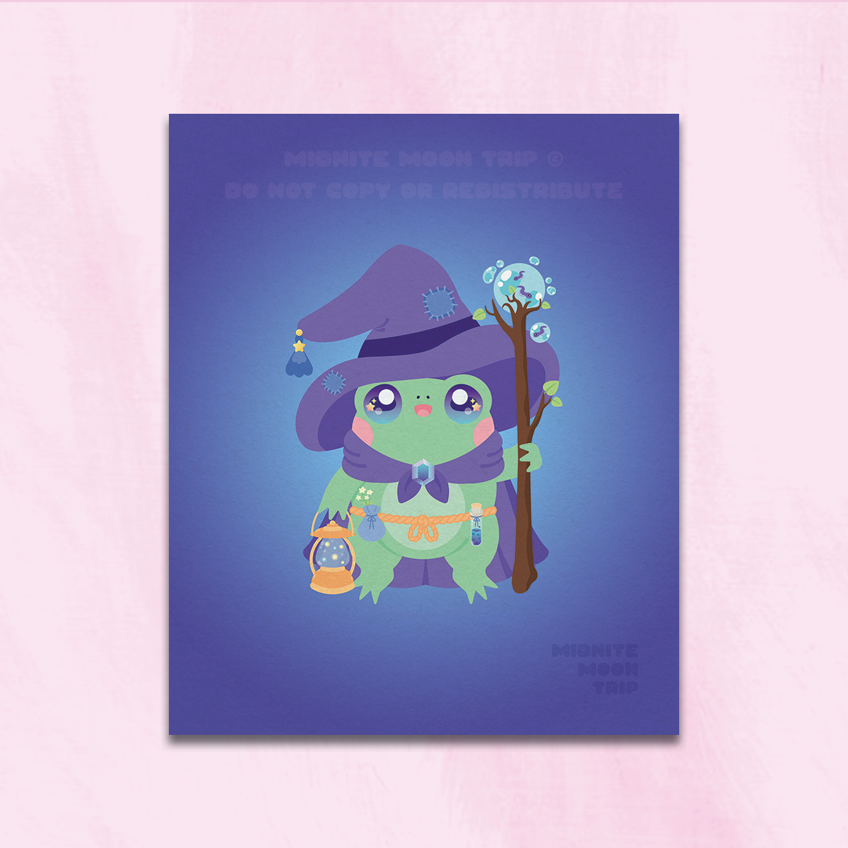 hanging art print of cute green frog with a purple wizard cloak and hat and a magic lantern and staff