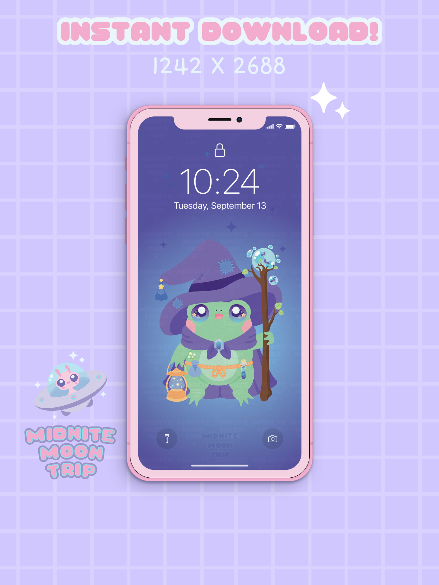 illustration of a cute frog with a staff and wizard hat on a phone wallpaper
