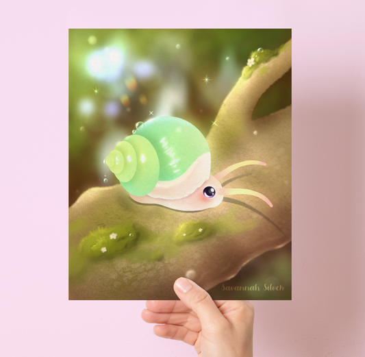 Cute Green Snail Art Print 9" x 11"