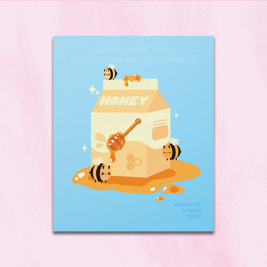 art print with cute yellow bees and a milk carton that says "honey"