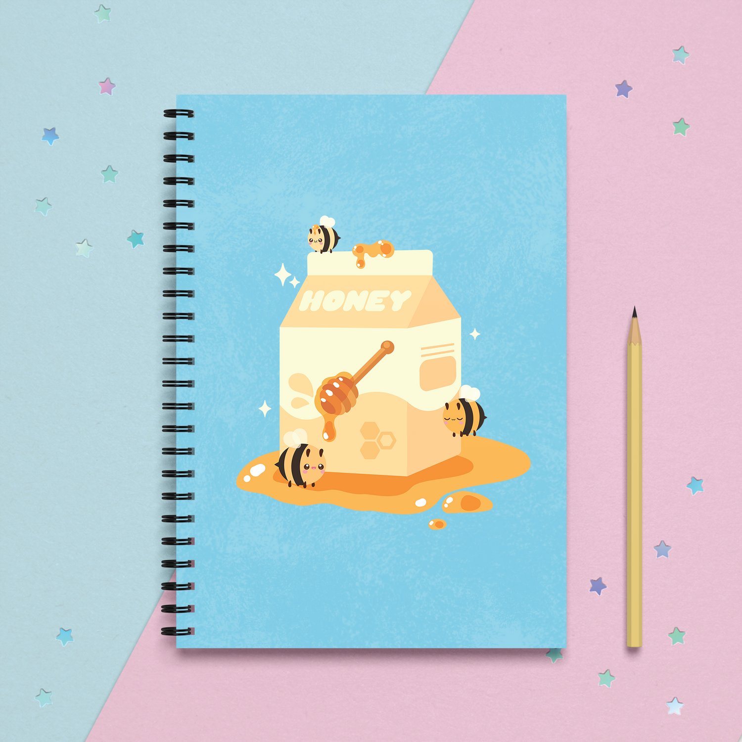 spiral notebook of kawaii milk carton full of honey with cute bees on a pastel background