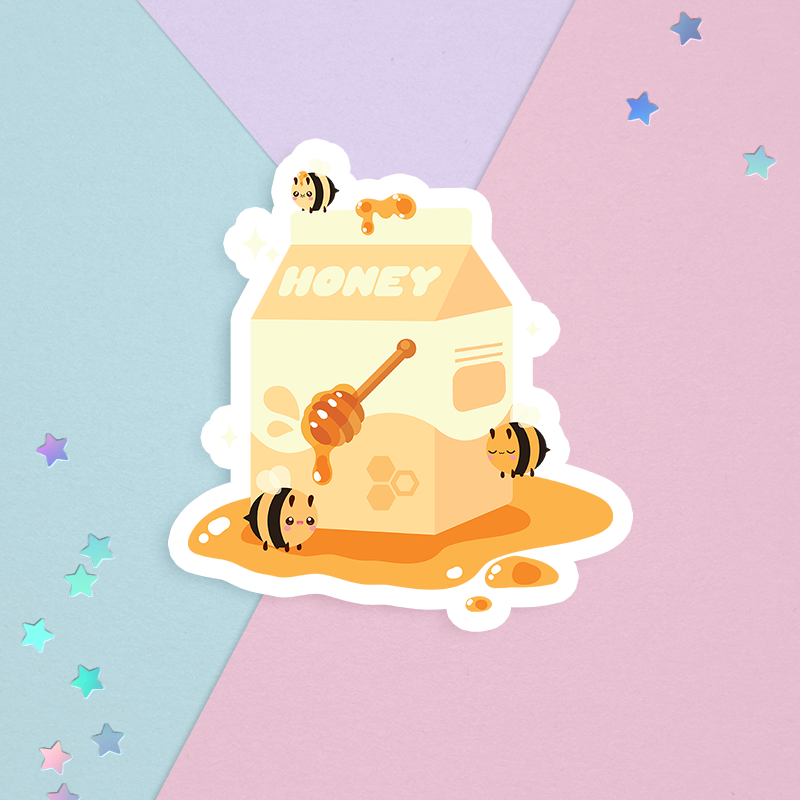 sticker of kawaii milk carton full of honey with cute bees on a pastel background