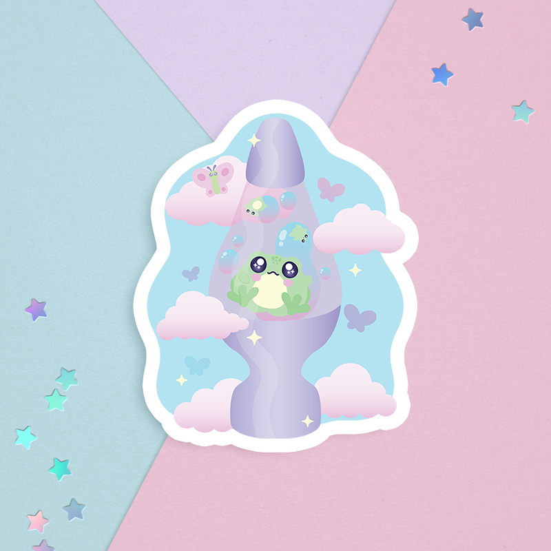 sticker of cute green frog in a purple lava lamp surrounded by clouds and butterflies on a pastel background
