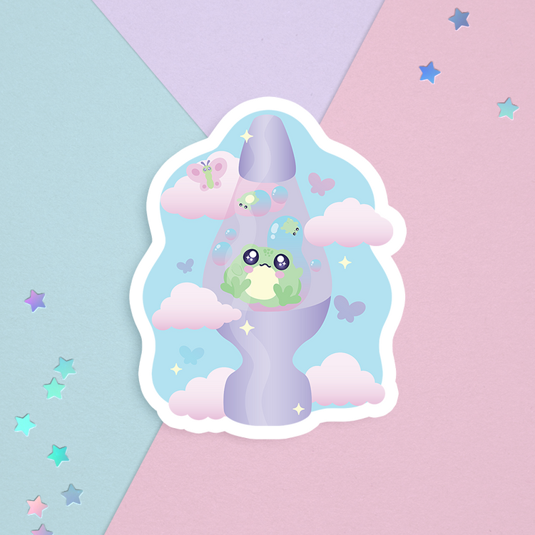 sticker of cute green frog in a purple lava lamp surrounded by clouds and butterflies on a pastel background