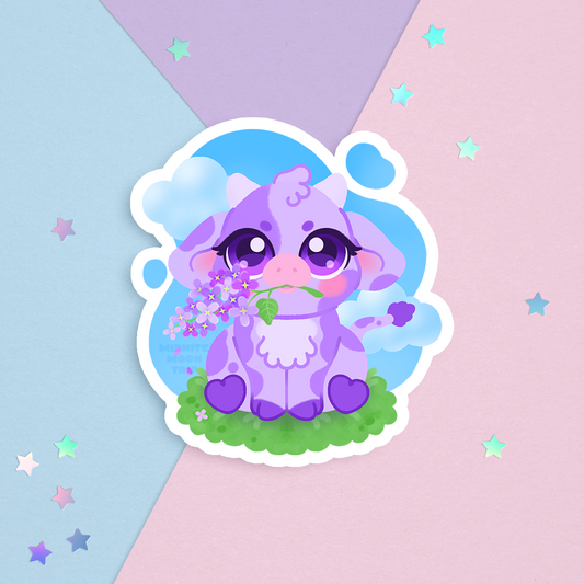 Sticker of a cute pruple cow with a lilac flower