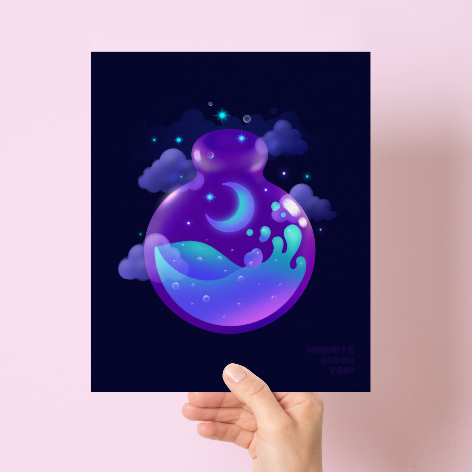 art print with an illustration of a magic potion bottle with a crescent moon and stars