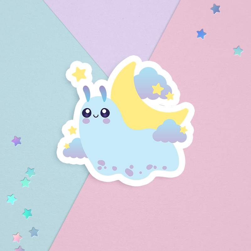 a sticker of a kawaii cute blue, purple, and yellow snail with a crescent moon shell in outer space with clouds and stars on a pastel background