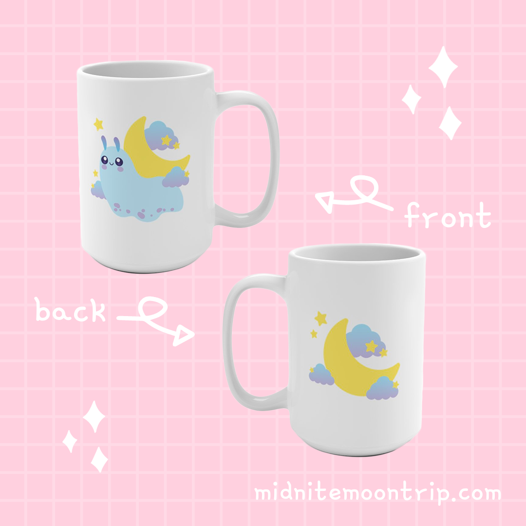 white ceramic coffee mug with a blue purple and yellow snail with a moon shell in space with clouds and stars on a pastel background