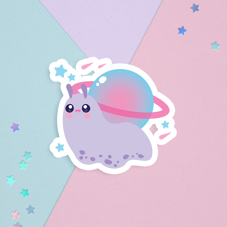 sticker of kawaii cute pink blue and purple snail with a planet shell and shooting stars on a pastel background