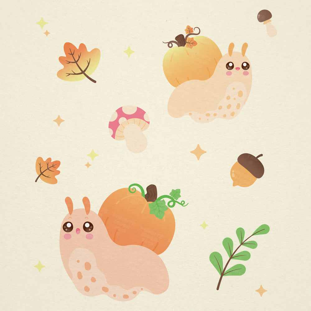 sticker sheet with cottagecore aesthetic pumpkin shell snails, colorful Autumn Leaves, cute acorns, and wholesome mushrooms.